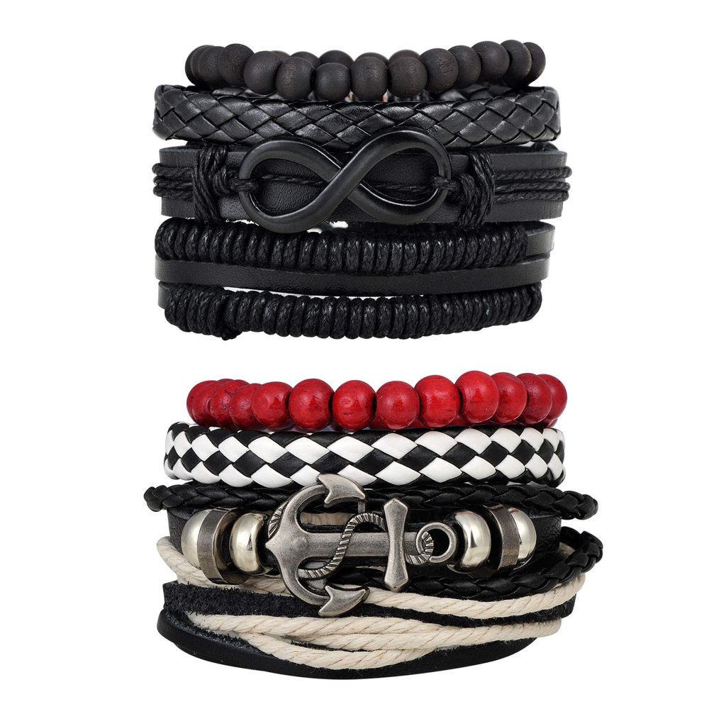 Feilok 8 pcs Mixed Wrap Braided Leather Wristbands Bracelets and Wood Beads Bracelet Set Pack for Men Women
