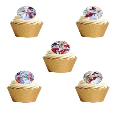 24 Precut 40mm Round Vintage Christmas SNOWMAN Edible Wafer Paper Cake Toppers