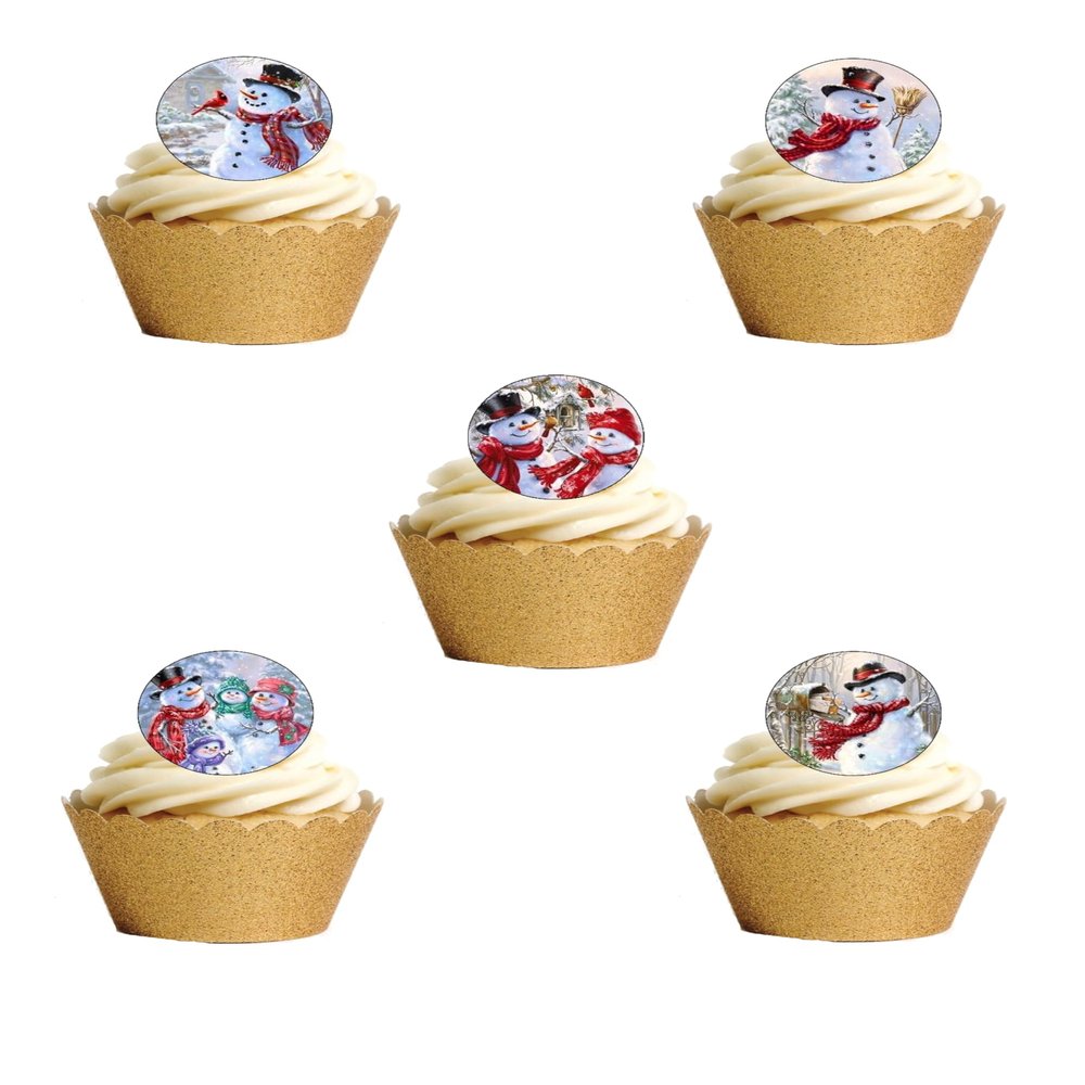 24 Precut 40mm Round Vintage Christmas SNOWMAN Edible Wafer Paper Cake Toppers
