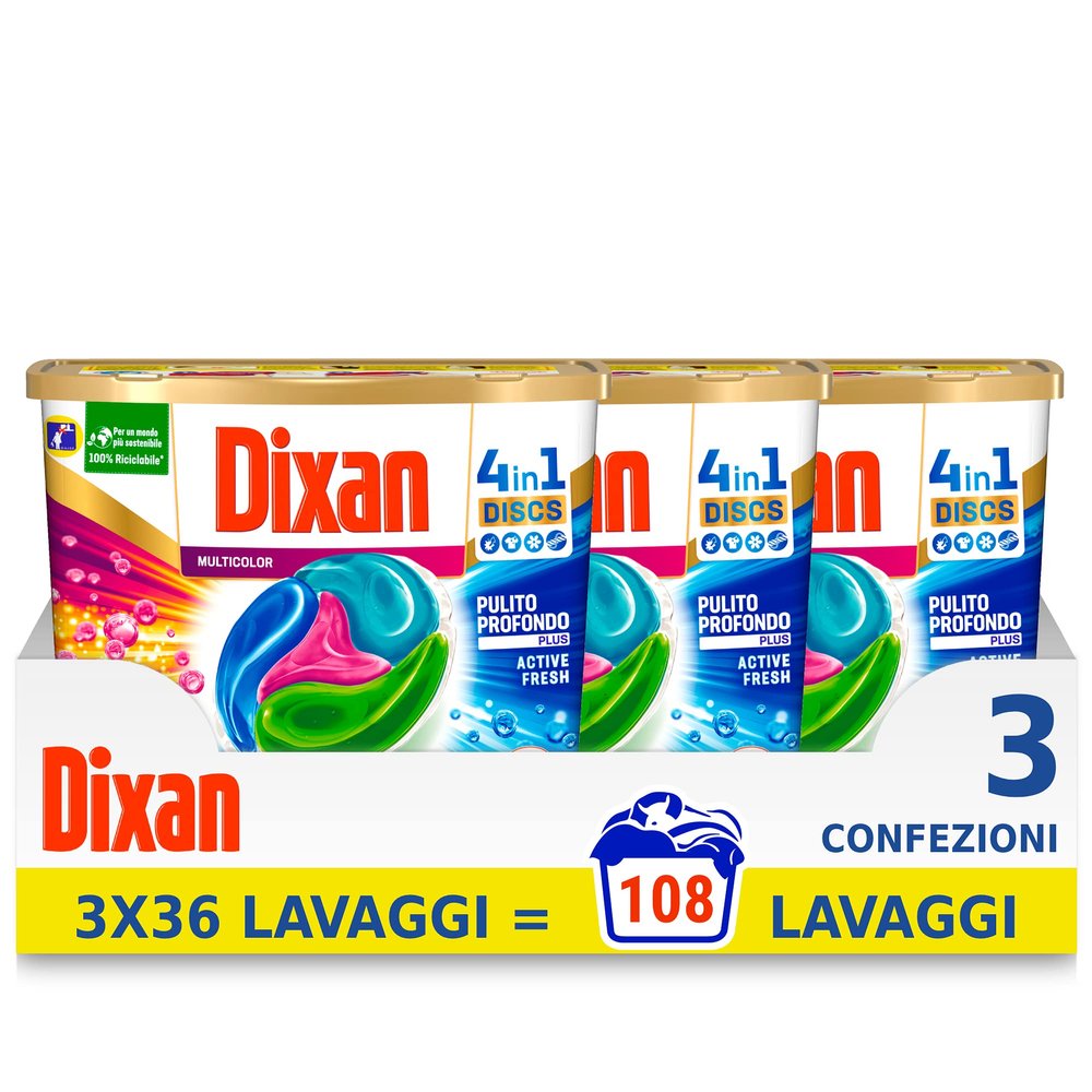 Dixan Discs Multicolor Prevented Washing Machine Detergent in Coloured Capsules 4 in 1-3 x 36 Washes (108 Washes)