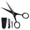 ONTAKI 5" Beard Moustache Scissors Professional German Steel 2 Comb Carrying Pouch Mustache Trimming - Hand Forged Bevel Edge Precision Men Facial Hair Grooming Kit All Body Hair Black view 1