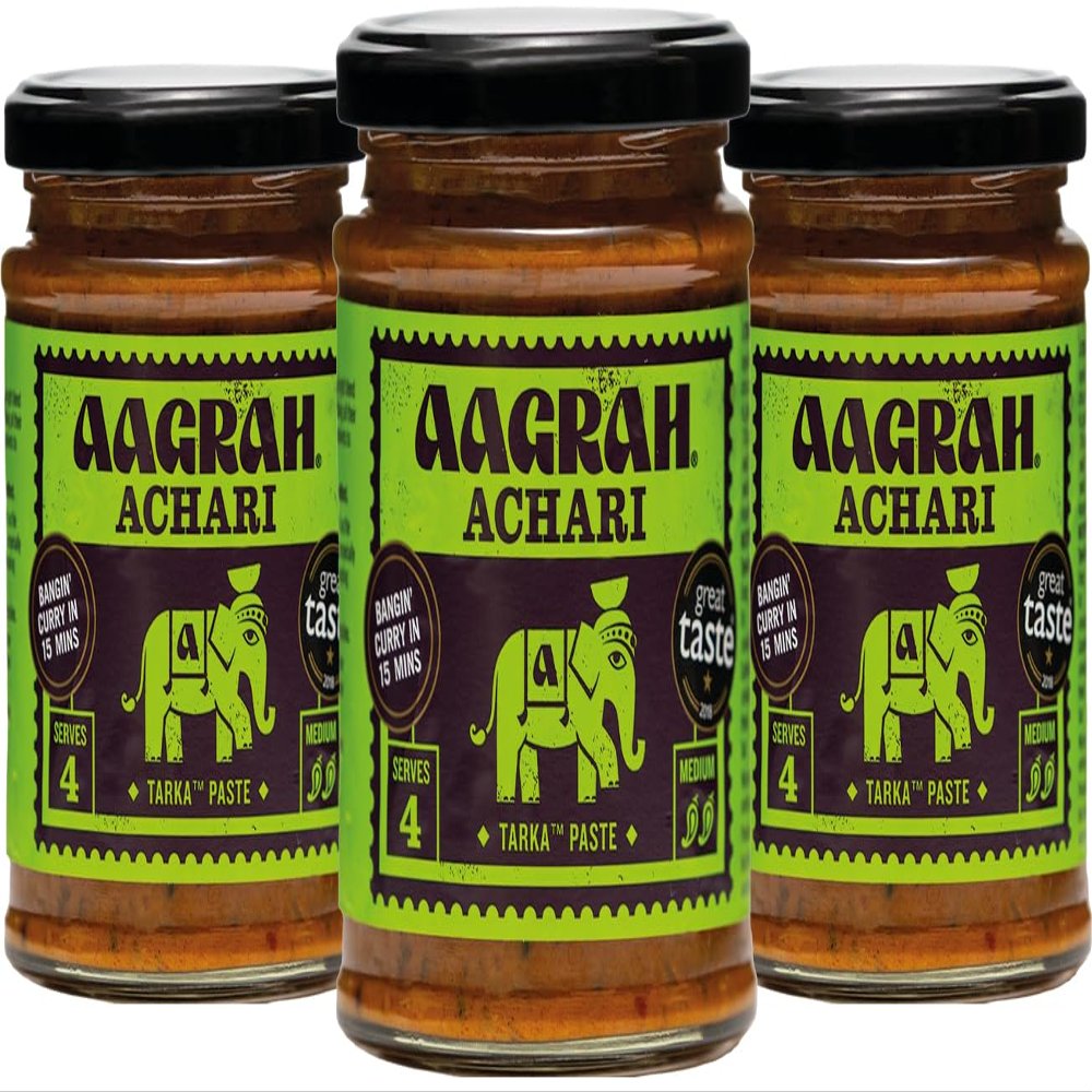 Aagrah Achari Tarka Indian Curry Cooking Sauce - Authentic Restaurant Recipe Base - Medium Heat - 270g Jar Serves 3-4 - Case of 6