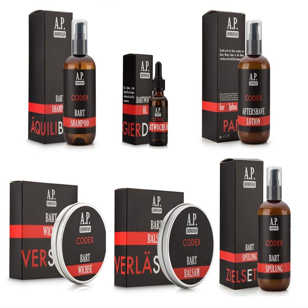 A.P.Donovan - Care Set for Men with Beard Balm, Bartwax, Bartsplung, Bartwuchsl, Beard Shampoo, Aftershave Codex Bartpflege-Serie