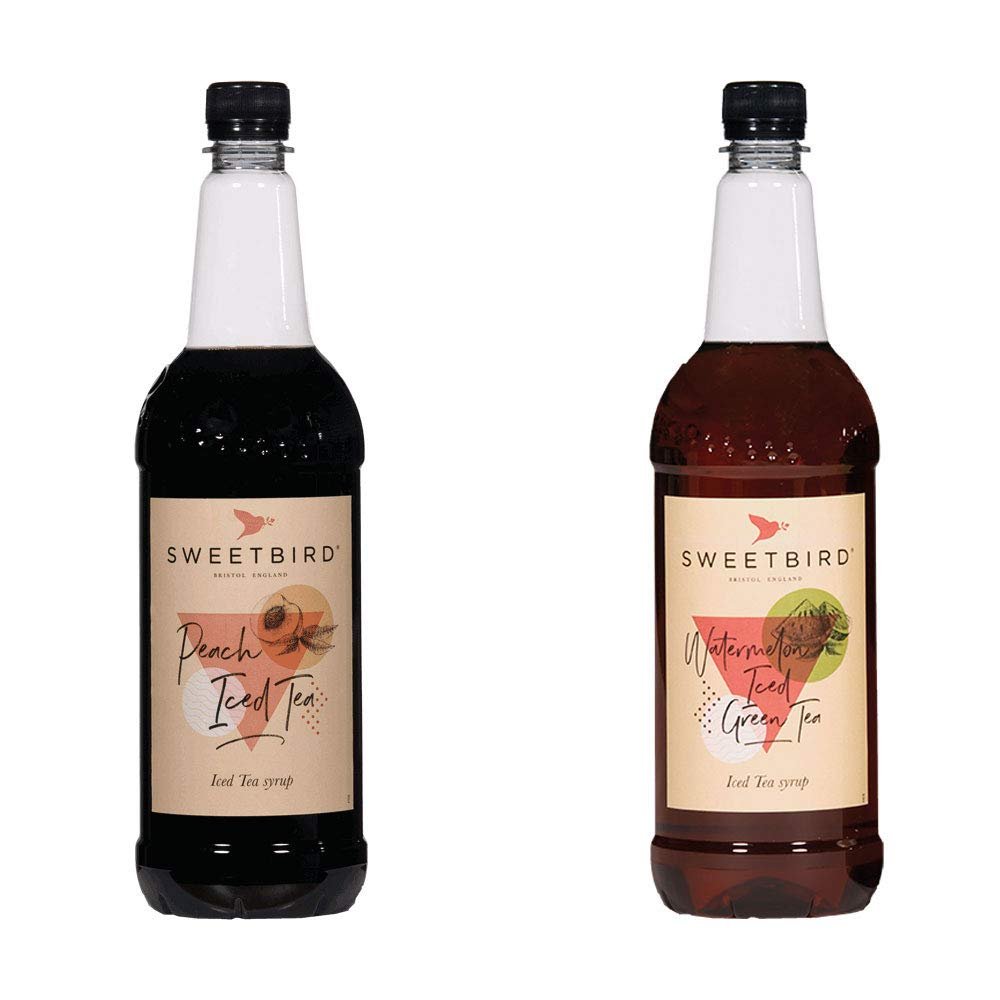 2 x 1 Litre Sweetbird Coffee, Cocktail, Cooking, Iced Tea Drink Syrup Multi Flavours (1 x Peach Iced Tea, 1 x Watermelon Iced Green Tea)