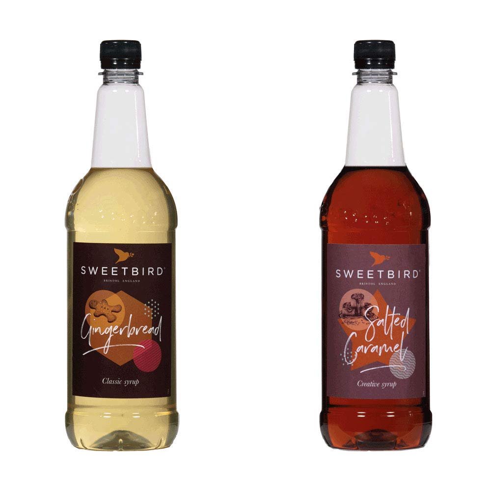 2 x 1 Litre Sweetbird Coffee, Cocktail, Cooking, Iced Tea Drink Syrup Multi Flavours (1 x Gingerbread, 1 x Salted Caramel)