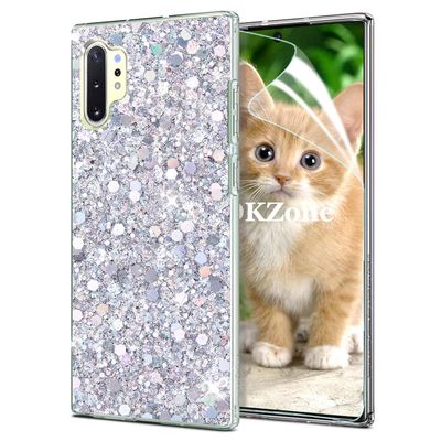 OKZone Compatible Samsung Galaxy Note 10 Plus Case [with HD Screen Protector], Bling Glitter Design Soft Gel TPU Silicone Skin Cover Anti-scratch Protective Case for Galaxy Note 10 Plus (Silver)