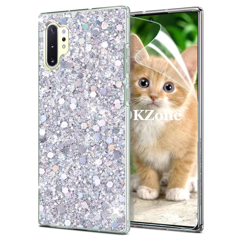 OKZone Compatible Samsung Galaxy Note 10 Plus Case [with HD Screen Protector], Bling Glitter Design Soft Gel TPU Silicone Skin Cover Anti-scratch Protective Case for Galaxy Note 10 Plus (Silver)