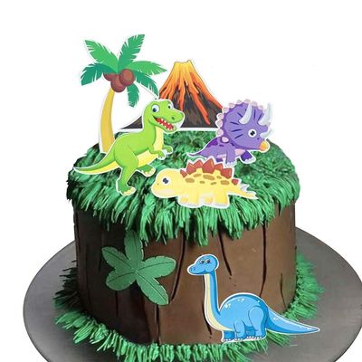 Dinosaur Theme Happy Birthday Cake Toppers with Coconut Tree Volcano