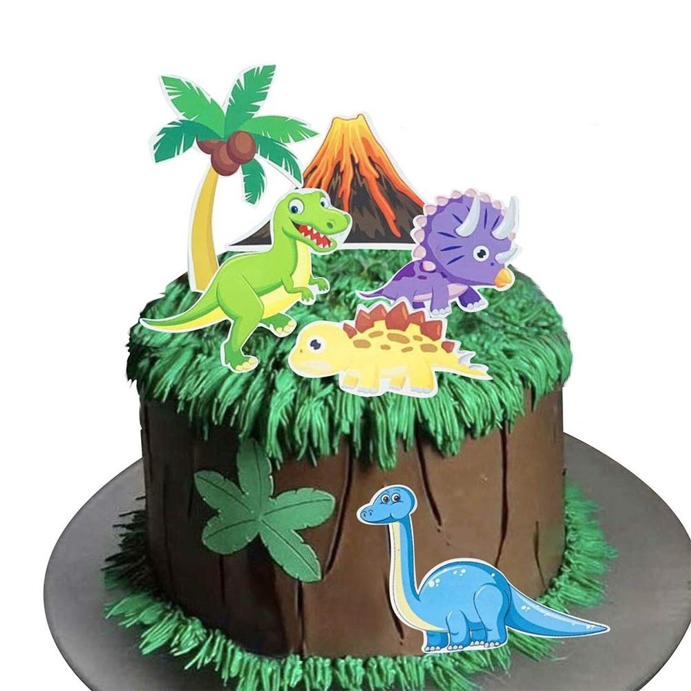 Dinosaur Theme Happy Birthday Cake Toppers with Coconut Tree Volcano