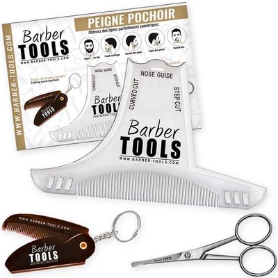 Beard trimming kit | Accessories for Beard & Barber Mustache, Contour marker comb + Beard scissors + Foldable key ring comb