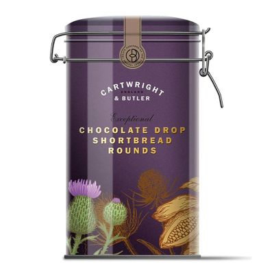 Cartwright & Butler Chocolate Drop Shortbread Rounds Tin | Clip-Lid Tin | Soft and Crumbly All Butter Shortbread | Sprinkled with Milk Chocolate Pieces | Perfect Gift - Chocolate Drop