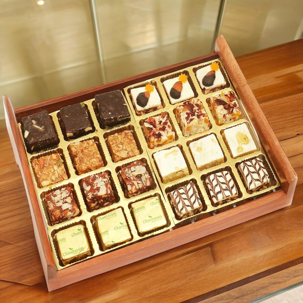 Ghasitaram Gifts Diwali Gifts Diwali Sweet - Wooden Chocolate Dryfruit Sweets and Assorted Bites Serving Tray