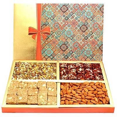 Ghasitaram Gifts Diwali Gifts - Diwali Hampers Printed Bow Hamper Box with Almonds, Sugarfree Dates Figs Bites, Granula Bites and Roasted Namkeen 800 GMS