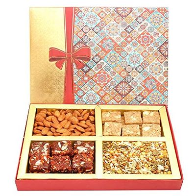 Ghasitaram Gifts Diwali Gifts - Diwali Hampers Printed Bow Hamper Box with Almonds, Sugarfree Dates Figs Bites, Granula Bites and Roasted Namkeen 400 GMS