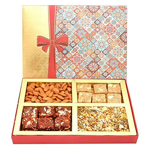 Ghasitaram Gifts Diwali Gifts - Diwali Hampers Printed Bow Hamper Box with Almonds, Sugarfree Dates Figs Bites, Granula Bites and Roasted Namkeen 400 GMS