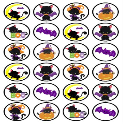 24 Halloween Cats Theme Edible Cupcake Toppers - Disc Wafer Cake Decorations