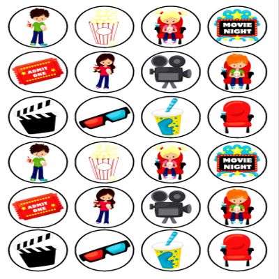 24 Movie Night Theme Theme Edible Cupcake Toppers - Disc Wafer Cake Decorations