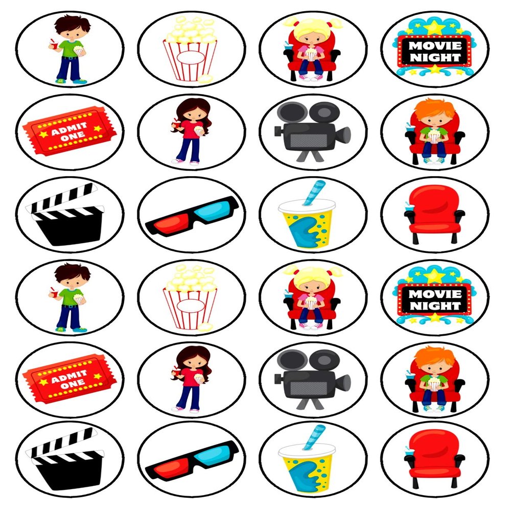 24 Movie Night Theme Theme Edible Cupcake Toppers - Disc Wafer Cake Decorations