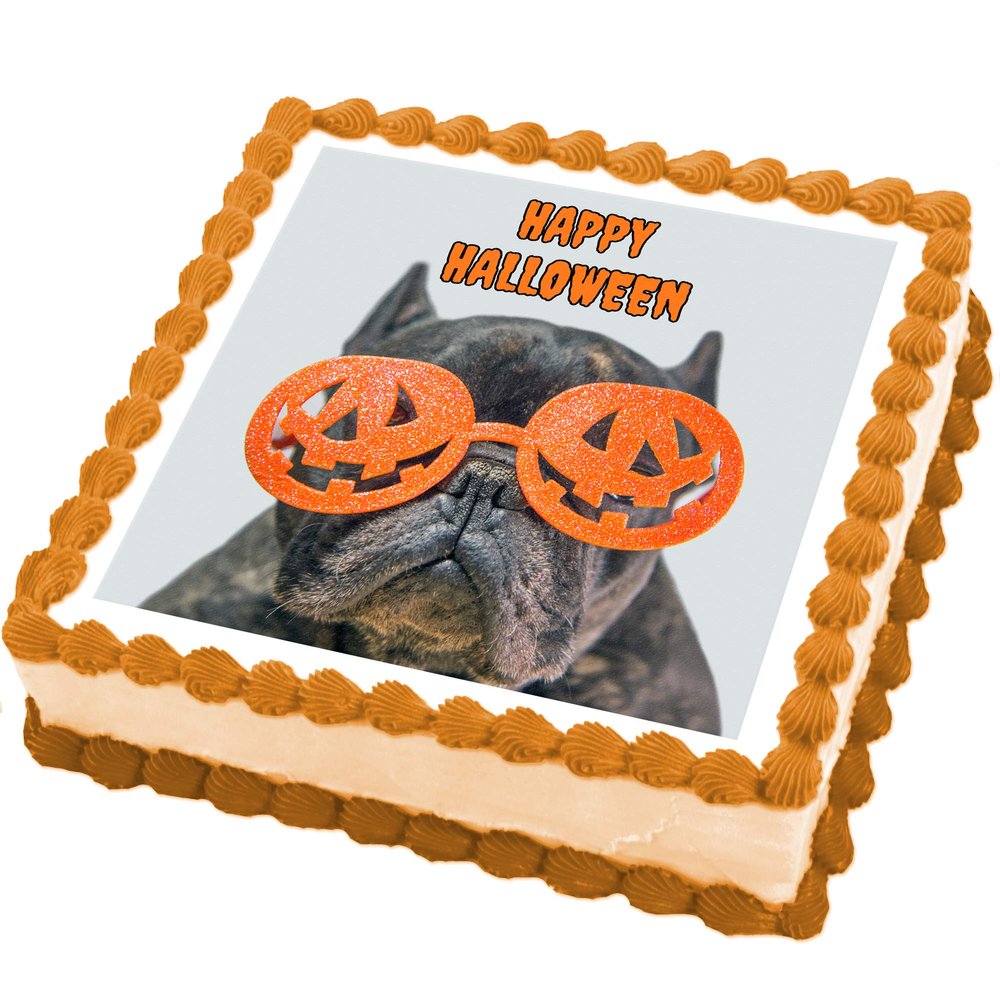 Cakeshop 7" (155 x 155mm) Square Happy Halloween Dog Pumpkin Edible Photo Cake Toppers Decorations - Precut Premium Icing Paper