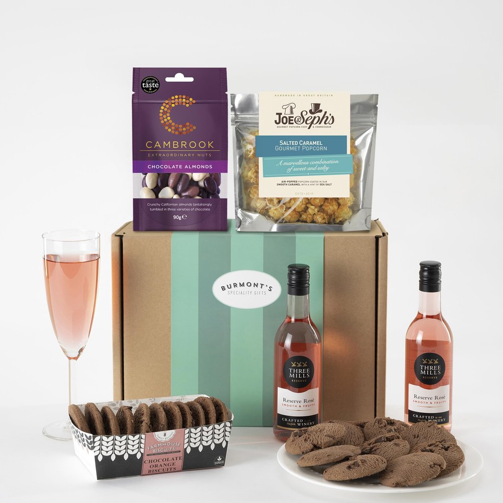 Burmont's Rose Wine & Chocolate Gift Hamper - Two Small Rose Wines, Joe & Seph's Popcorn, Cambrook Chocolate Almonds & Premium Choc Chip Biscuits - Hamper Exclusive To Burmont's