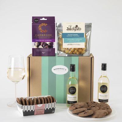 Burmont's White Wine & Chocolate Gift Hamper - Two Small White Wines, Joe & Seph's Popcorn, Cambrook Chocolate Almonds & Premium Chocolate Chip Biscuits - Hamper Exclusive To Burmont's