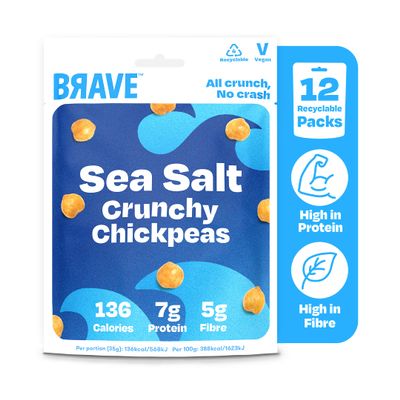 BRAVE Roasted Chickpeas: Healthy Snack, High Protein, Low Calorie - Sea Salt (12 x 35g packs)