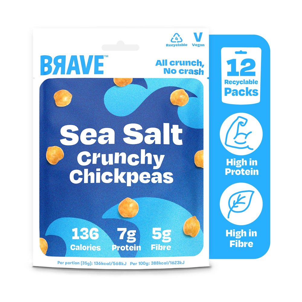 BRAVE Roasted Chickpeas: Healthy Snack, High Protein, Low Calorie - Sea Salt (12 x 35g packs)