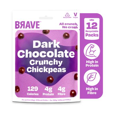 BRAVE Roasted Chickpeas: Healthy Snack, Low Calorie - Dark Chocolate (12 x 30g Packs)
