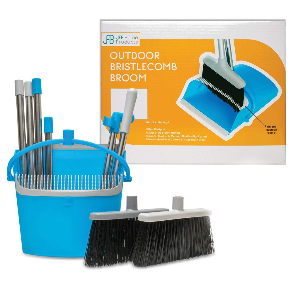BristleComb Outdoor Broom and Dustpan Set Upright  64 Long Collapsible Broom and Dust Pan with Long Handle, Self Cleaning Comb & 2 Interchangeable Heads of Different Stiffness - Medium and Coarse