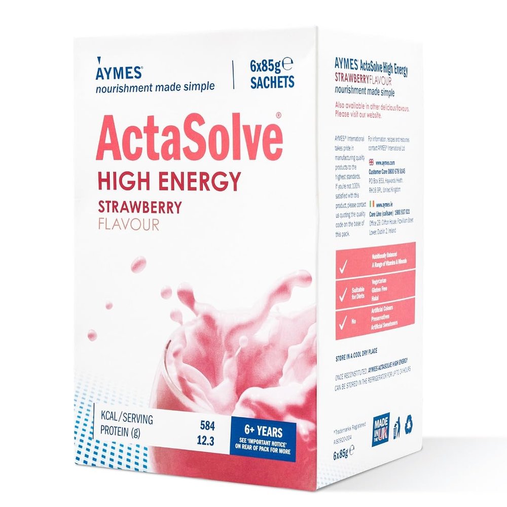 AYMES - ActaSolve High Energy - Powdered Oral Nutritional Supplement - High Calorie - Milkshake-Style - Strawberry - Gluten free, Vegetarian, Halal & Kosher - For Ages 3+ and Adults - 6 Servings