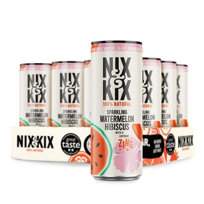 Nix & Kix | Watermelon & Hibiscus | 100% Natural Premium Sparkling Soft Drink | Low Calorie & Vegan Friendly | No Added Sugar Or Sweeteners | 250ml x 12 Pack