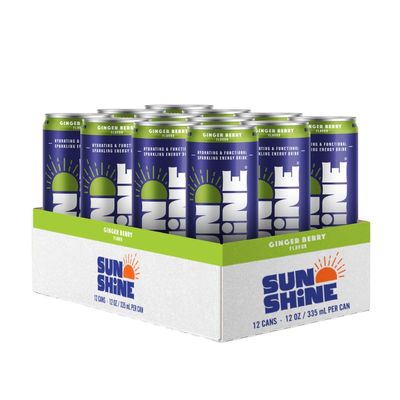 Sunshine Sparkling Energy Drink, Ginger Berry, Vitamin B12, Electrolytes, 70mg Natural Caffeine, 12 oz, (Pack of 12)