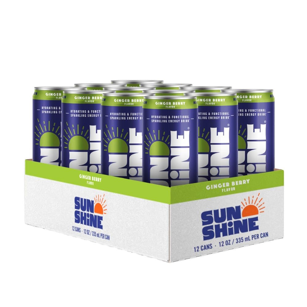 Sunshine Sparkling Energy Drink, Ginger Berry, Vitamin B12, Electrolytes, 70mg Natural Caffeine, 12 oz, (Pack of 12)