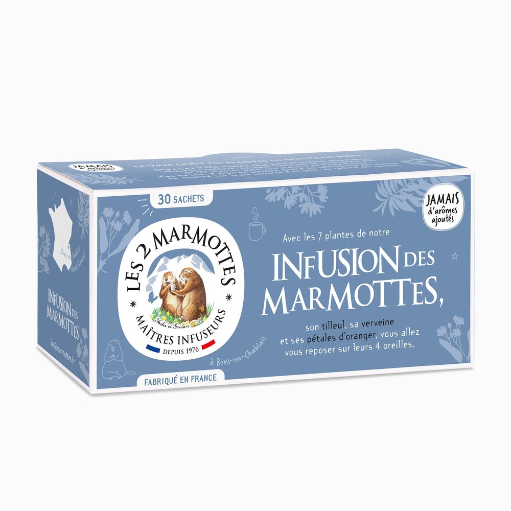 Les 2 Marmottes - Infusion des Marmot 30 sachets - Lime and Verbena - Well-Being and Relaxation - Made in France - No Added Aromas - 46 g