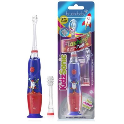 Brush-Baby - Rocket KidzSonic Kids Electric Toothbrush, 3+ Years - DeepClean Bristles, Suction Base - Fun Design with Flashing Disco Lights - 2 x Replacement Heads & 1 x AAA Battery