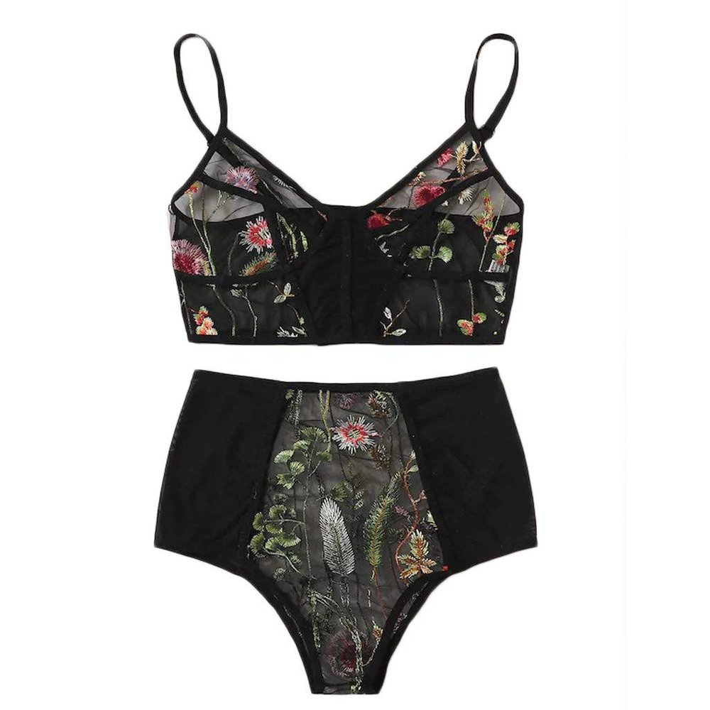 Gallity Sexy Lingerie for Women Floral Embroidered Lace Bra and Panty Sets 2 Piece Mini Babydoll Bodysuit (XL, Black)