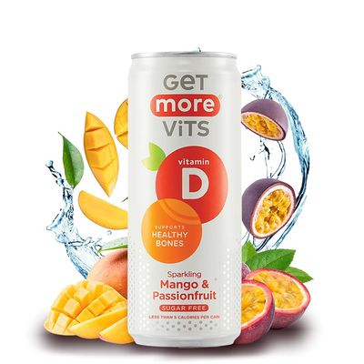 Get More Vits - Vitamin D Sparkling Mango & Passionfruit Spring Water (12 x 330ml), Support Healthy Bones, Teeth & Muscles, Boost Immune System, Sugar Free, Low Calorie, Natural Flavours, Vegetarian