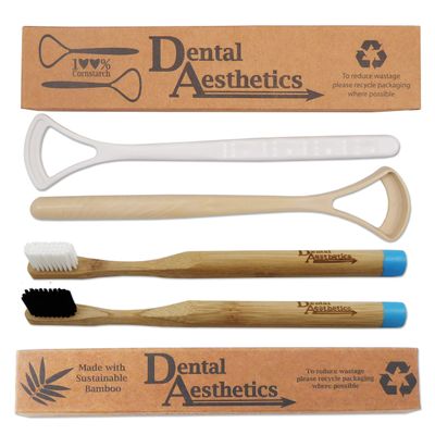 2 Bamboo Toothbrushes with 2 Cornstarch Tongue Scrapers - Eco-Friendly Dental Pack