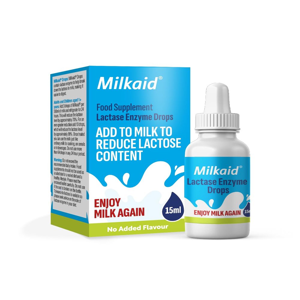 Milkaid Lactase Enzyme Drops 15ml  Lactose Intolerance Relief  Reduces Milk Lactose  Unflavoured