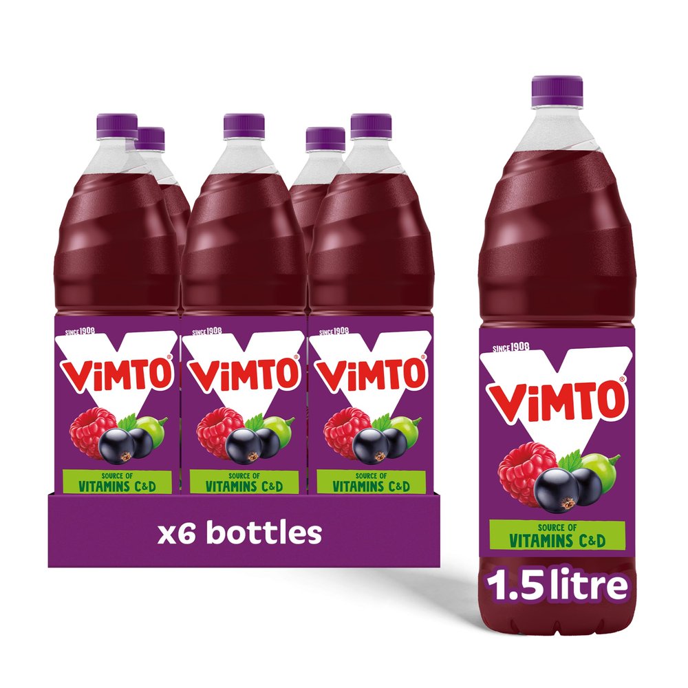 Vimto Fruit Squash  No Added Sugar  Blackcurrant, Grape & Raspberry  Vitamins C & D  6 x 1.5L Bottles  Vegetarian  Mixed Fruit Cordial