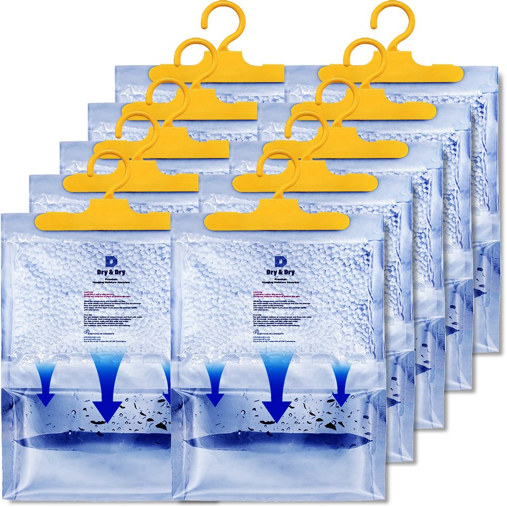 Dry & Dry 10 Packs [Net 14 Oz/Pack] Moisture Absorbers to Control Excess Moisture for Basements, Closets, Bathrooms, Laundry Room - Ultra Strong Hanging Moisture Absorbers