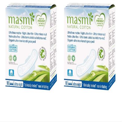 10 Masmi Ultra-Thin Organic Cotton Night Pads with Wings Individually Wrapped 100% Biodegradable, Perfume Viscose Rayon Chlorine Dioxin Free (2)