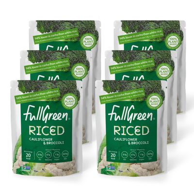 Fullgreen, Riced Cauliflower and Broccoli, 100% Veg, shelf-stable, no preservatives, vegan, keto and 87% lower-carbs than rice! - case of 6x 200g pouches - made in the UK