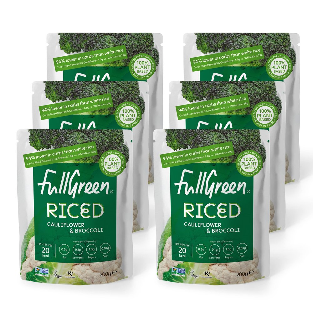 Fullgreen, Riced Cauliflower and Broccoli, 100% Veg, shelf-stable, no preservatives, vegan, keto and 87% lower-carbs than rice! - case of 6x 200g pouches - made in the UK