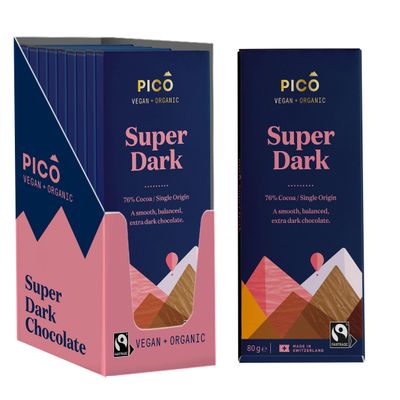 Pico Chocolate - Super Dark Chocolate Vegan Bars - 76% Cocoa, Organic, Premium Swiss Dark Chocolate with No Artificials - 10 x 80g