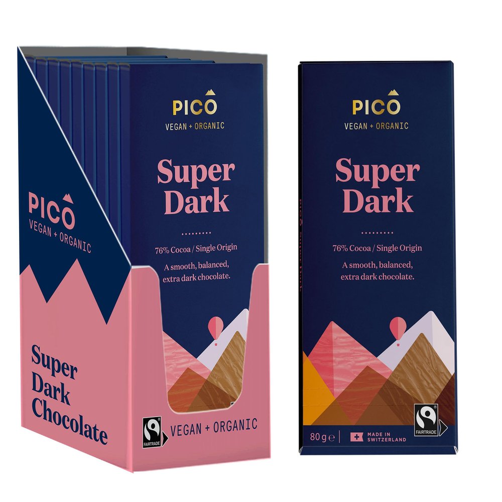 Pico Chocolate - Super Dark Chocolate Vegan Bars - 76% Cocoa, Organic, Premium Swiss Dark Chocolate with No Artificials - 10 x 80g