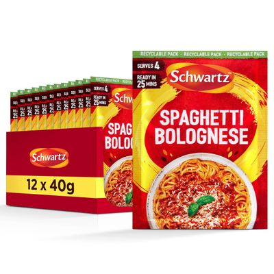 Schwartz Spaghetti Bolognese Recipe Mix 40 G | Serves 4 | Pack of 12 | Delightful flavour, Delicious Meal | With Tomato, Garlic, Basil, and Oregano | No Artificial Colourings or Flavourings