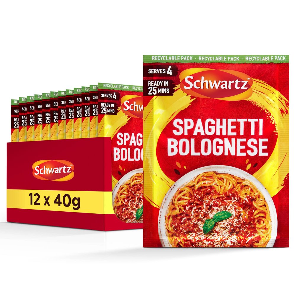 Schwartz Spaghetti Bolognese Recipe Mix 40 G | Serves 4 | Pack of 12 | Delightful flavour, Delicious Meal | With Tomato, Garlic, Basil, and Oregano | No Artificial Colourings or Flavourings