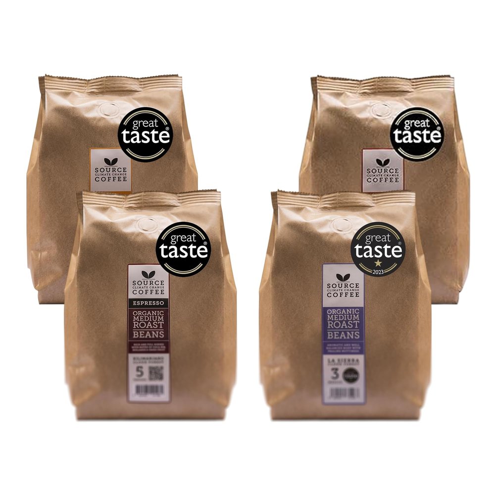 Organic Coffee Beans - Single Origin, Award Winning Medium & Dark Roast Gift Set by Source Climate Change - Ethically Sourced, Traceable & Freshly Roasted Taste Collection, 4 x 500g Coffee Bags