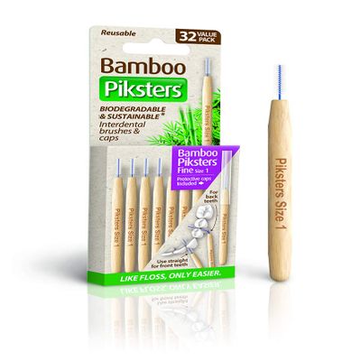 Bamboo Piksters Interdental Brushes | Sizes 00 - 6 | Straight Handle | 32 Pack (32 Pack, Size 1 (Purple))